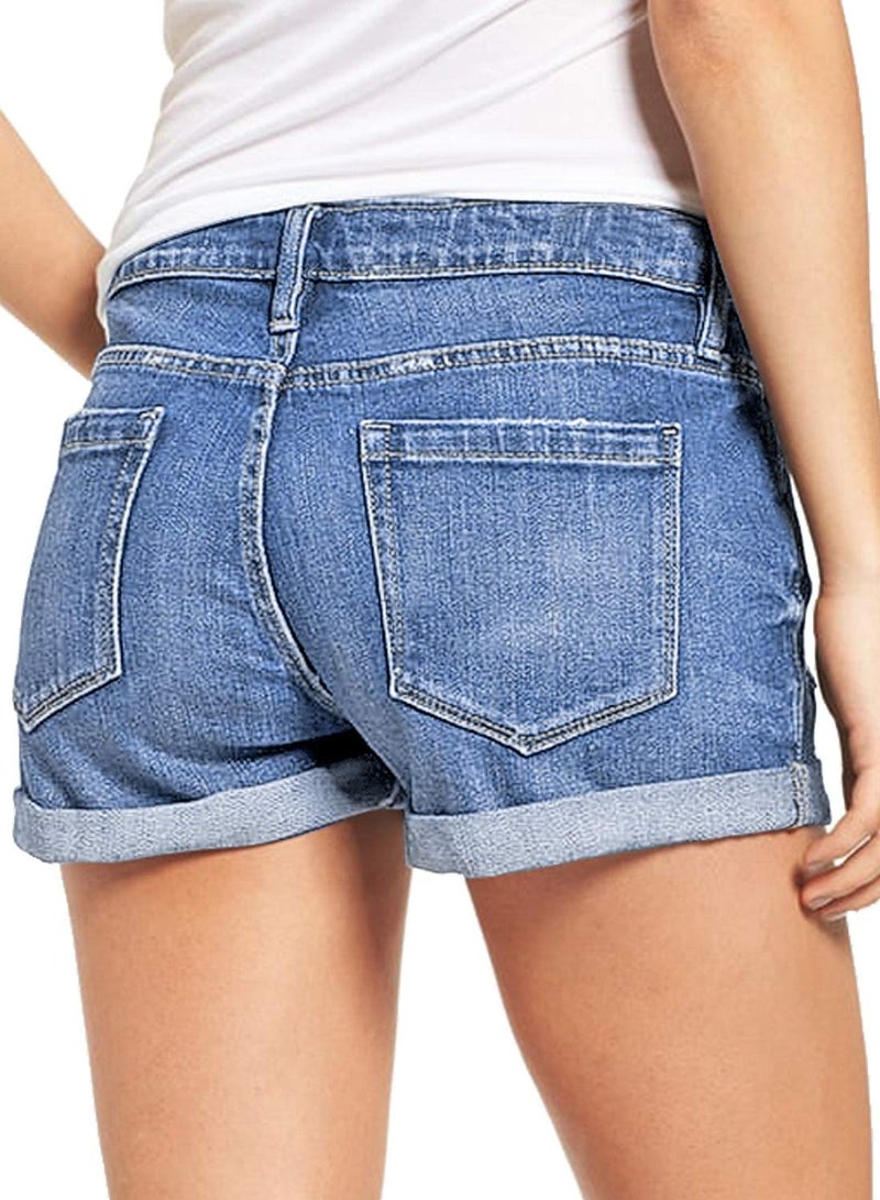 luvamia Women's Ripped Denim Jean Shorts High Waisted Stretchy Folded Hem Short Jeans B Lagoon Blue Size Large Fits US 12-14 - Image 2